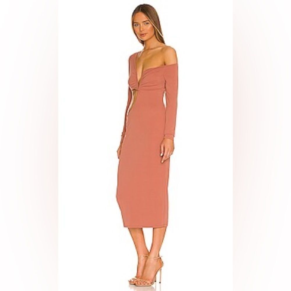 REVOLVE Not Yours To Keep River Midi Dress Rosewood Slinky Jersey Off Shoulder